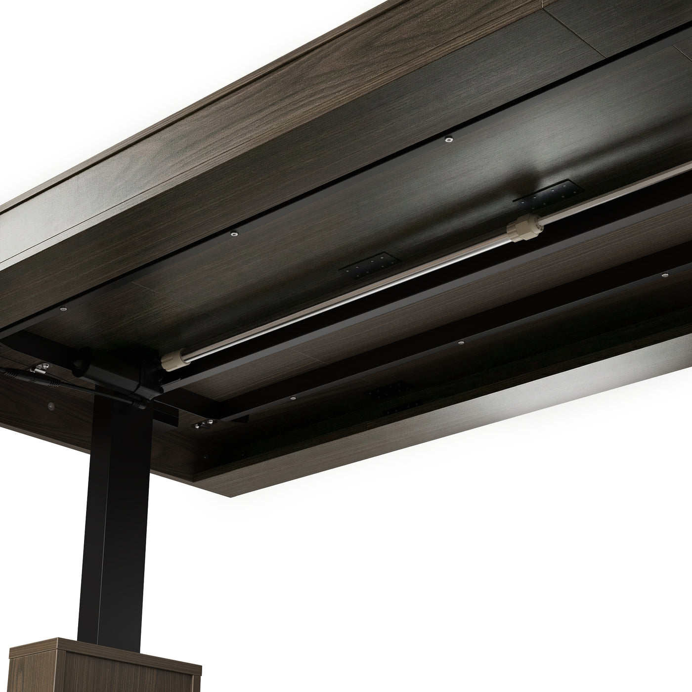 Dark wood standing desk with electric height adjustment and control panel
