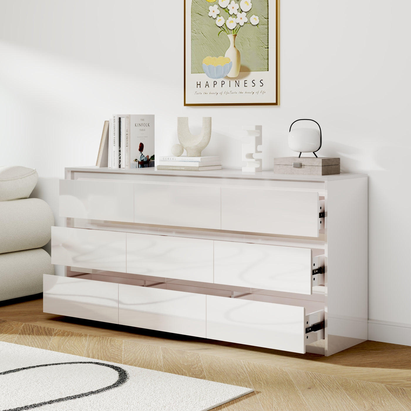 White 9-drawer dresser with minimalist design