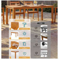 Wooden outdoor dining table and chairs with feature comparison overlay on a wooden deck