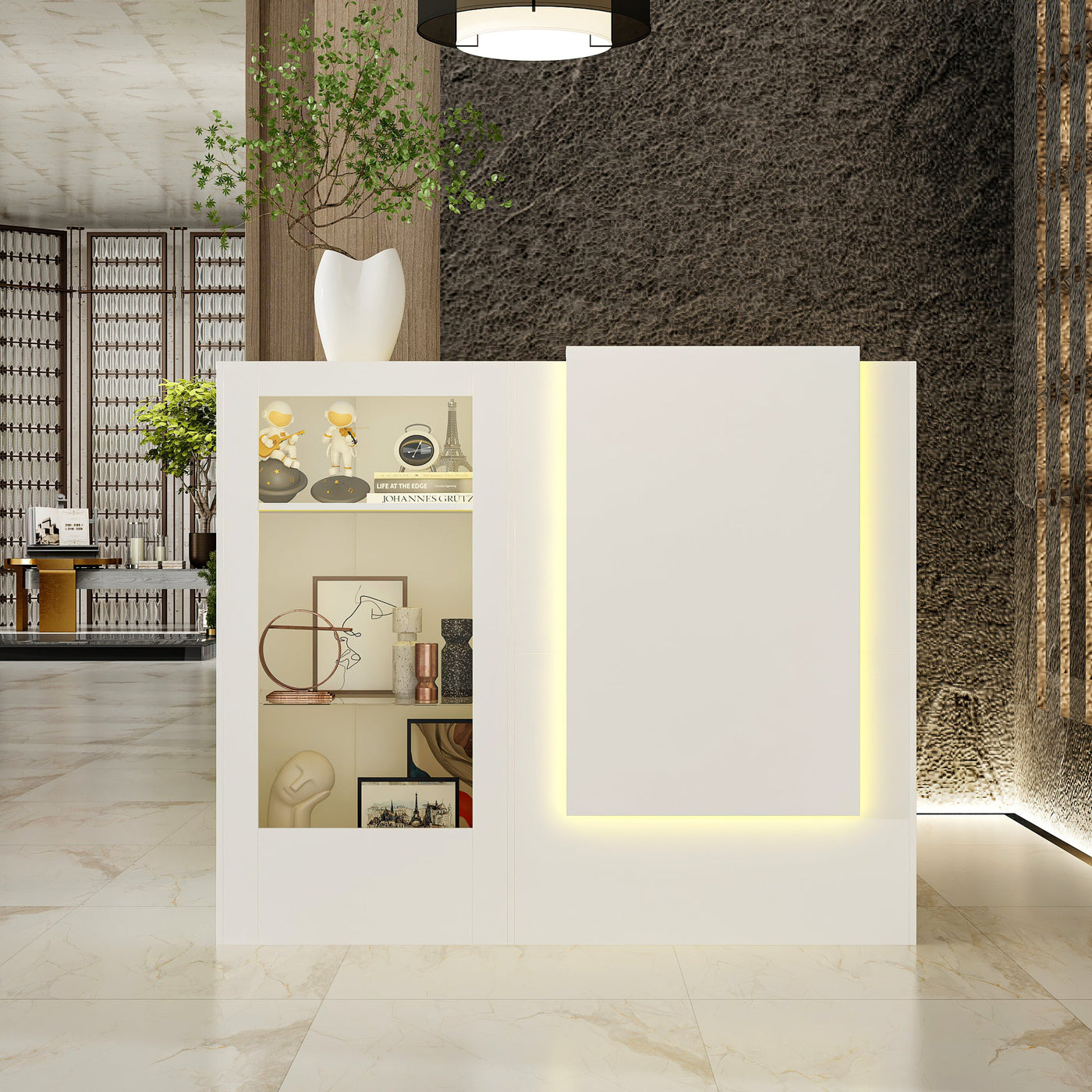 47" Modern Minimalist White LED Reception Desk With Open Shelving And Storage Compartments