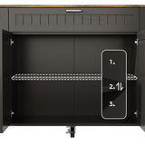 Black kitchen island with wood top, drawers, cabinet doors, towel bar, and wheels