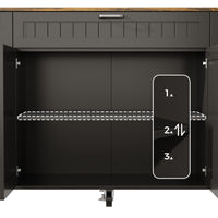 Black kitchen island with wood top, drawers, cabinet doors, towel bar, and wheels