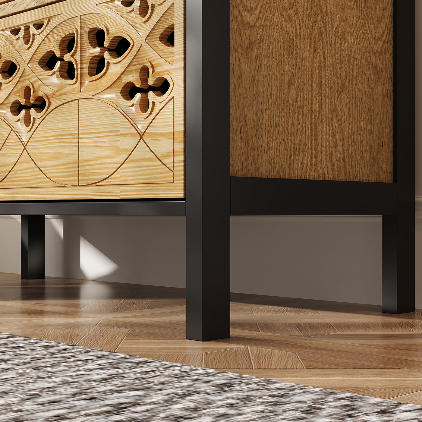Wooden cabinet with decorative carvings on a wooden floor.
