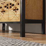 Wooden cabinet with decorative carvings on a wooden floor.