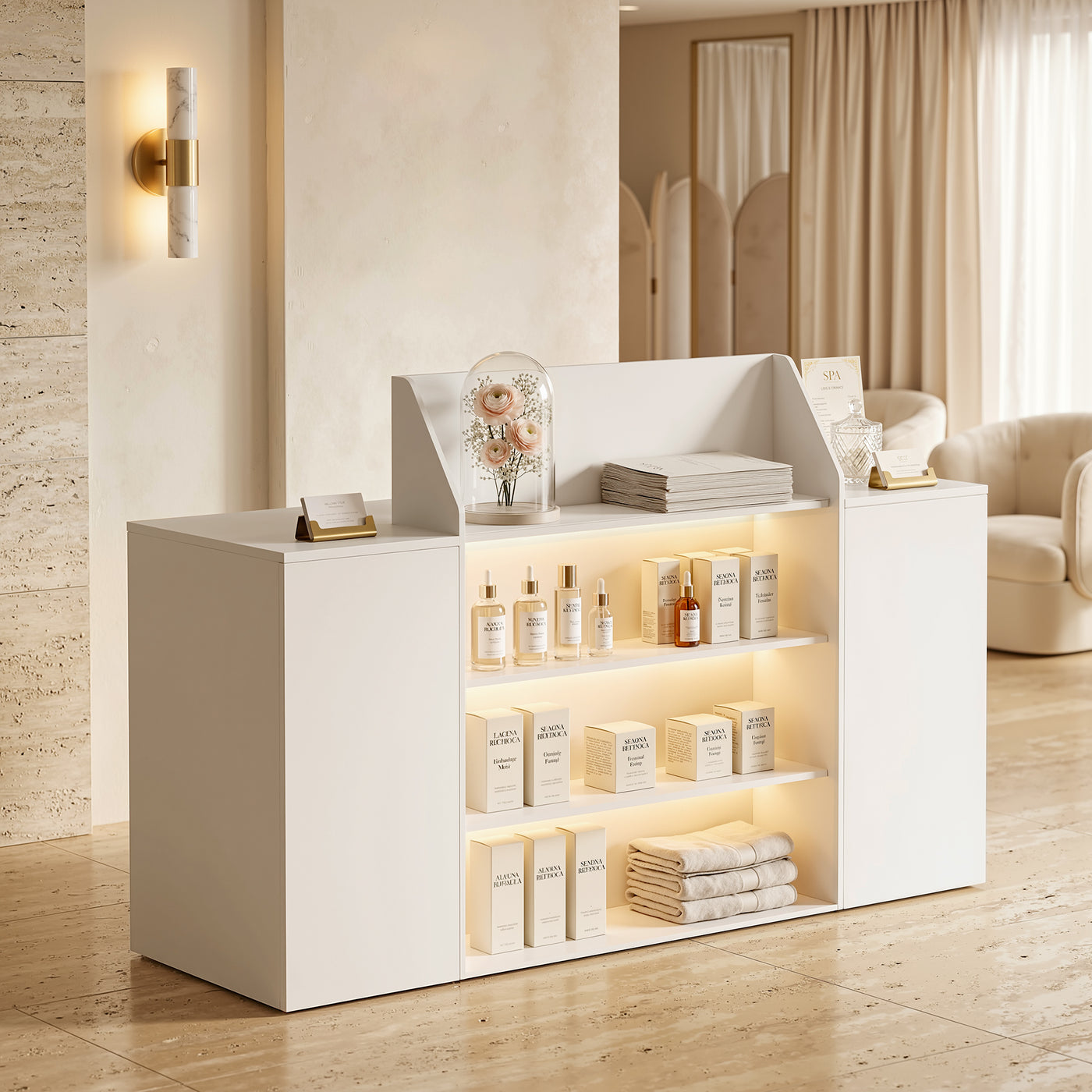White reception desk with open display shelves and built-in LED lighting
