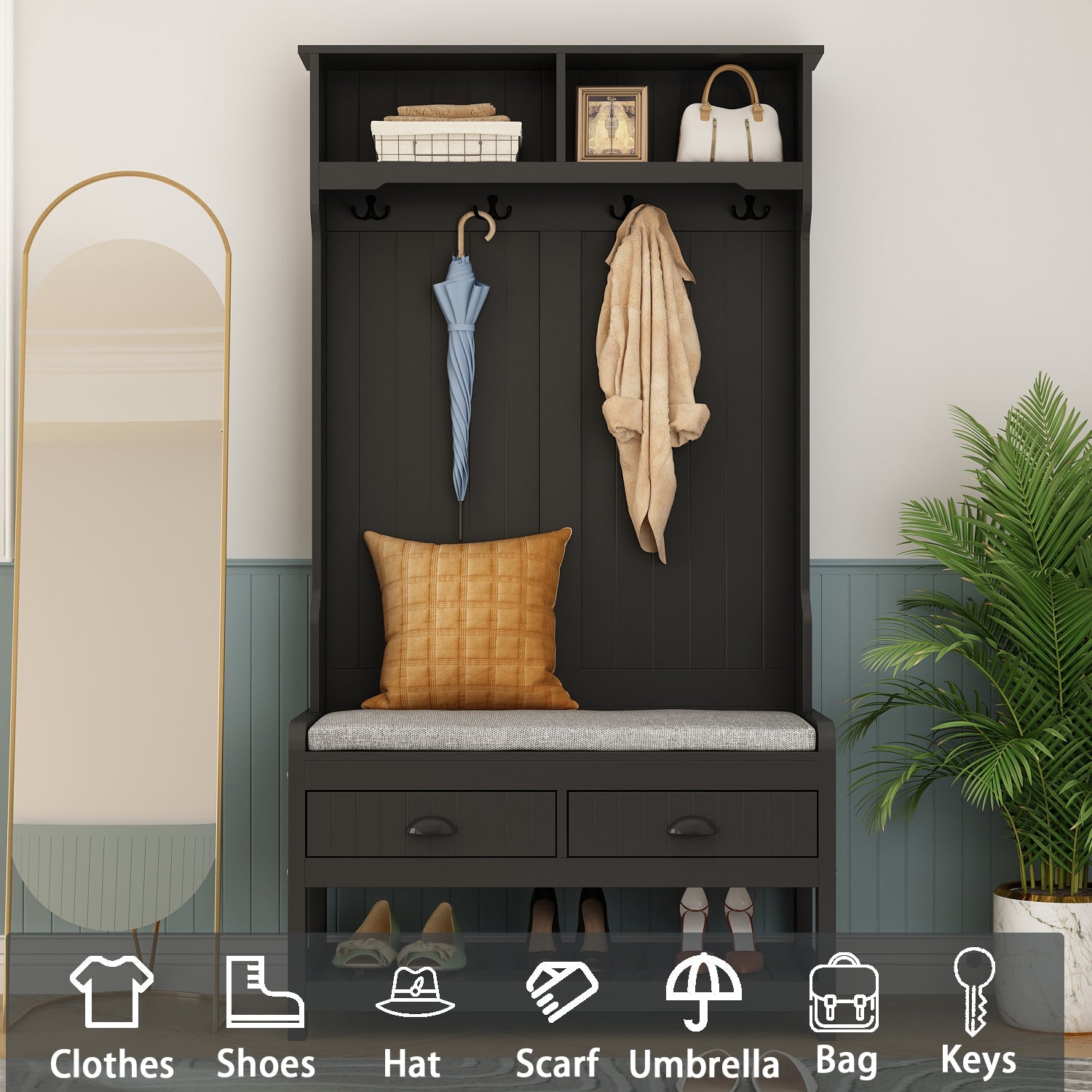 Modern Hall Tree with Storage Bench, 4-in-1 Entryway Bench with Coat Rack, Tall Hall Tree with 4 Metal Double Hooks, Shelves & 2 Drawers for Hallway, Living Room