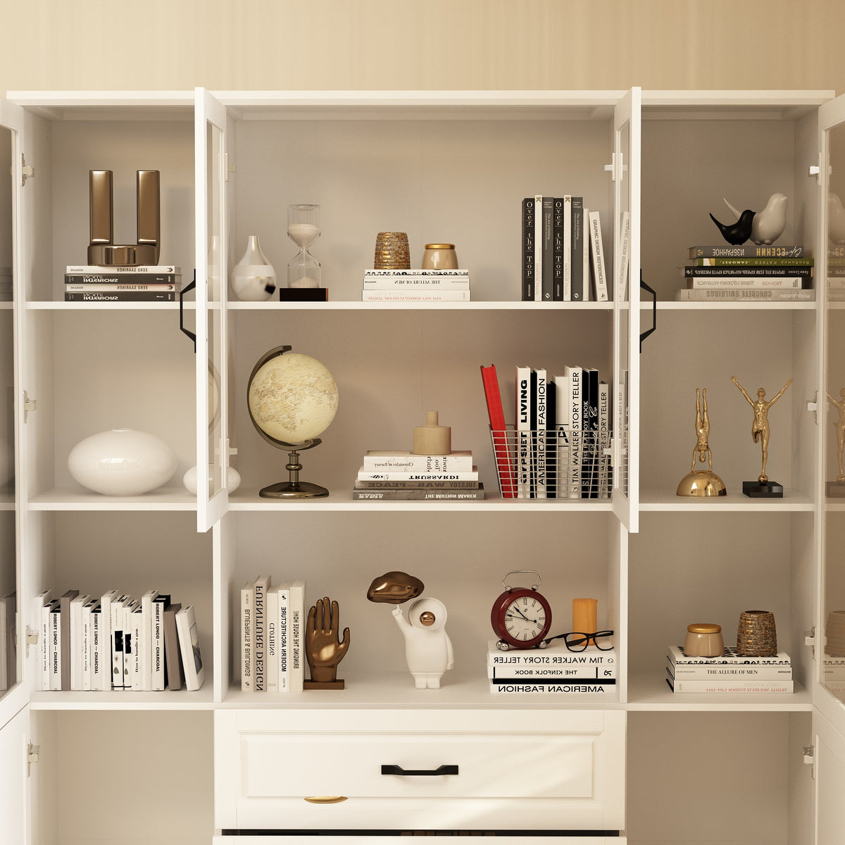 Vila 141.7" White Bookcases & Display Cabinets with 6 Drawers and Open Shelf