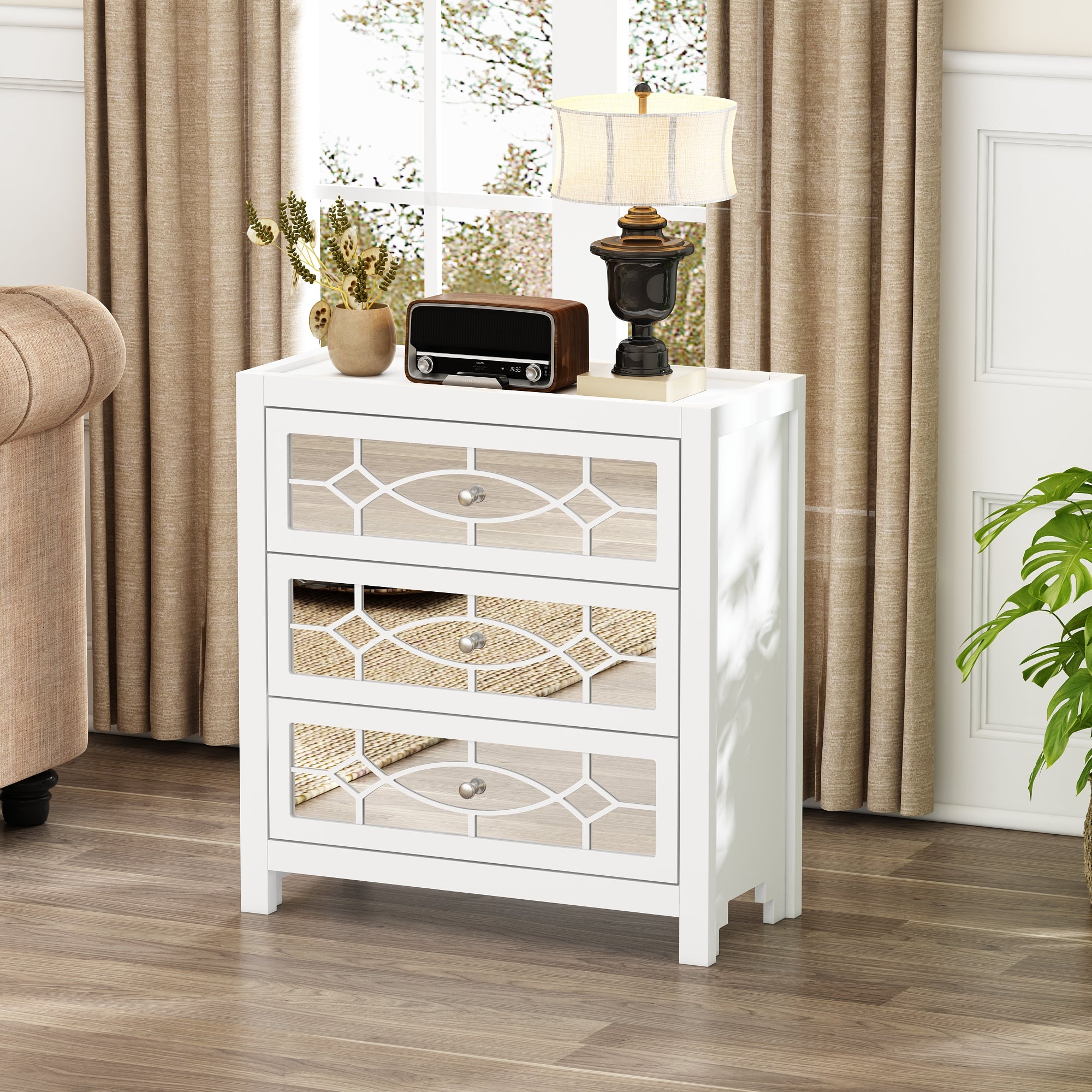 26'' Mirrored 3-Drawer Dresser with Geometric Pattern