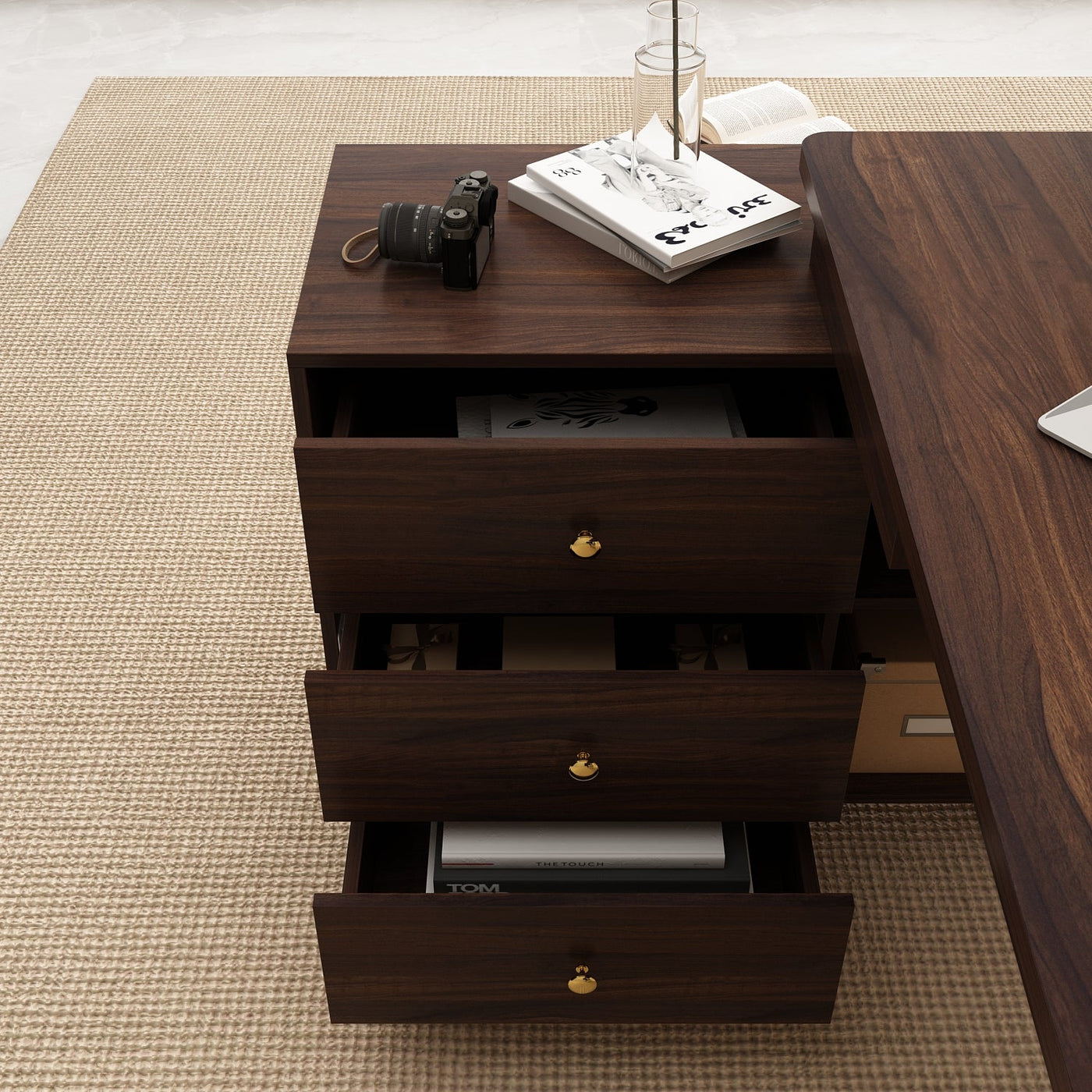 55.1" Mid-Century Modern Brown L-Shaped Home Office Computer Desk with 3 Drawers and Wood Legs