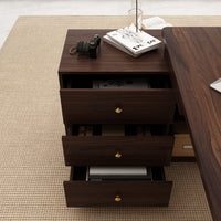55.1" Mid-Century Modern Brown L-Shaped Home Office Computer Desk with 3 Drawers and Wood Legs