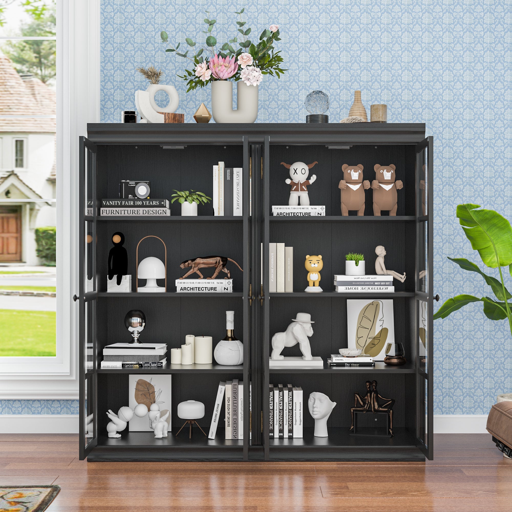 47.2"W Sideboard With 4 Glass Door Large Capacity Cabinet Home Storage