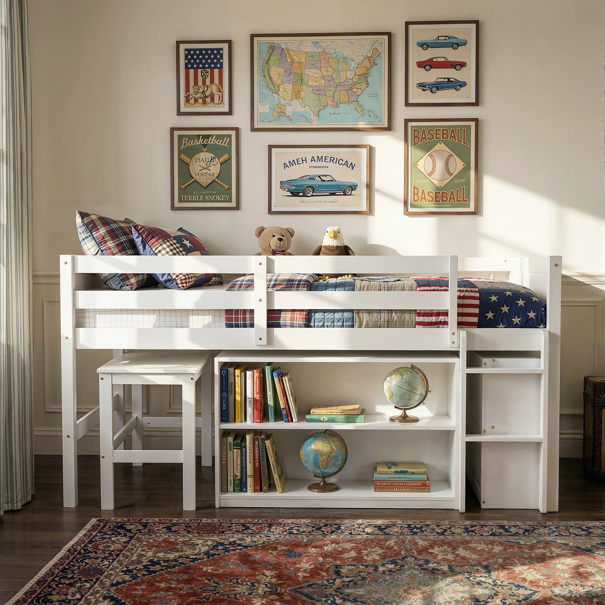 White kids loft bed with built-in desk, shelves, ladder, and storage space
