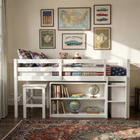 White kids loft bed with built-in desk, shelves, ladder, and storage space