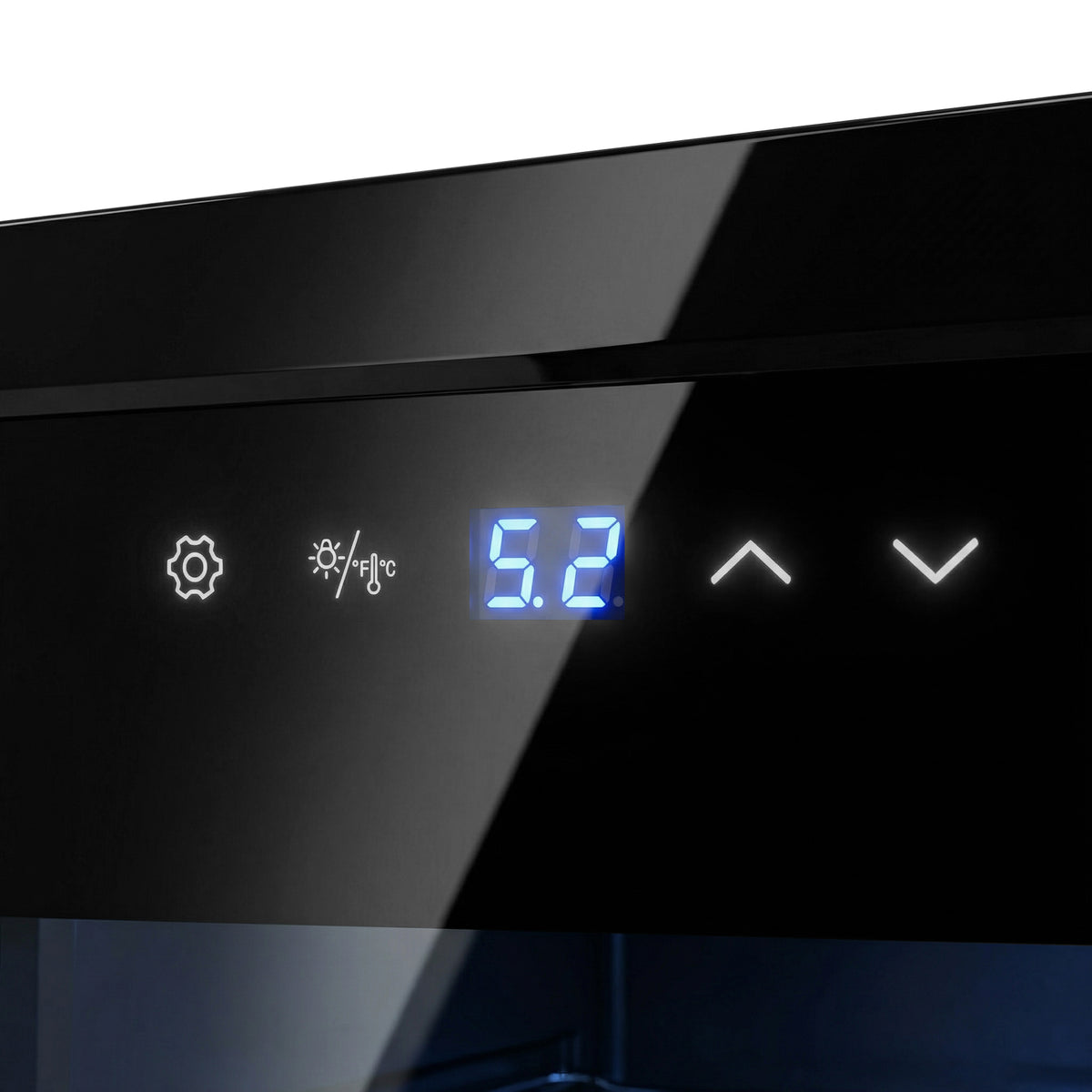 Black wine fridge with glass door and digital temperature display