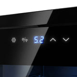 Black wine fridge with glass door and digital temperature display