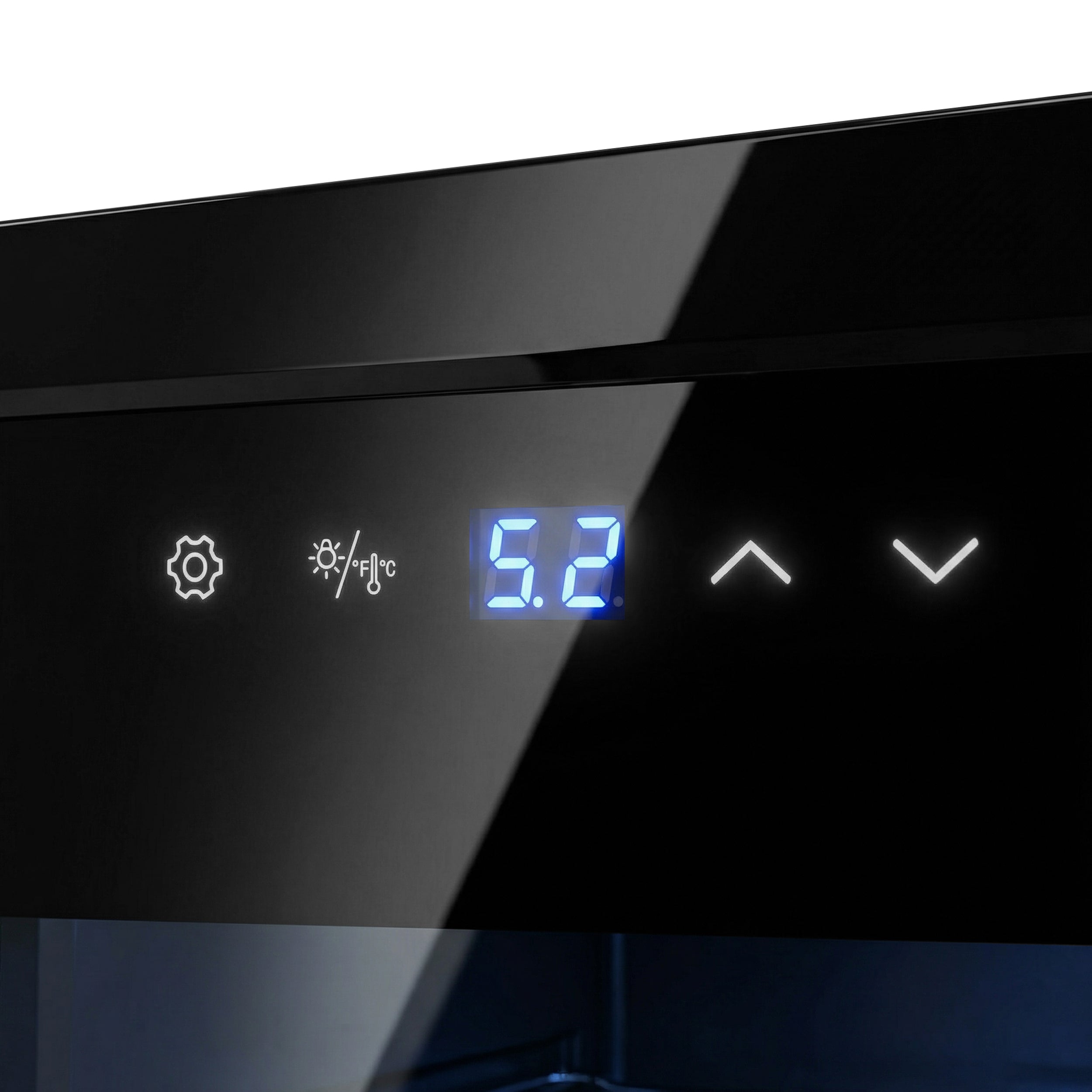 Black wine fridge with glass door and digital temperature display