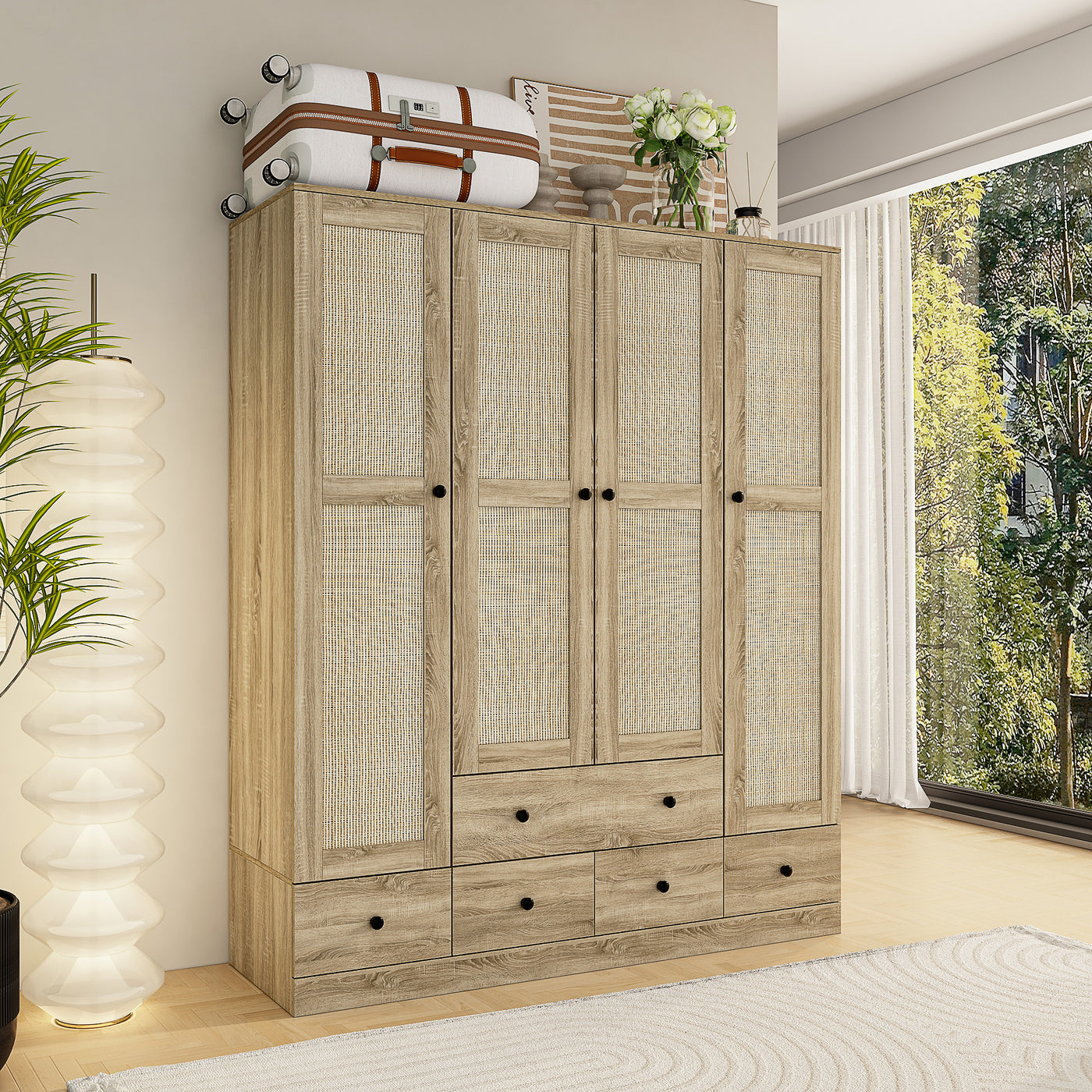 63" Rustic 4-Door Wardrobe Armoire with Rattan Paneling, 6 Drawers & 2 Hanging Rods