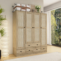 63" Rustic 4-Door Wardrobe Armoire with Rattan Paneling, 6 Drawers & 2 Hanging Rods