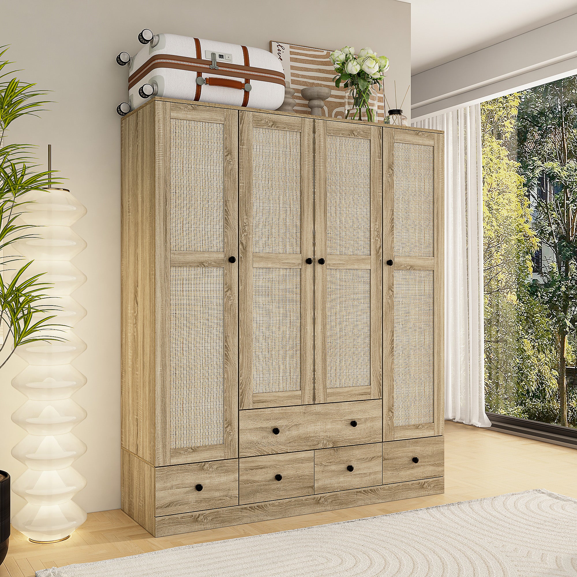 Rustic Four-Door Wardrobe With Rattan Paneling And Six-Drawer Storage