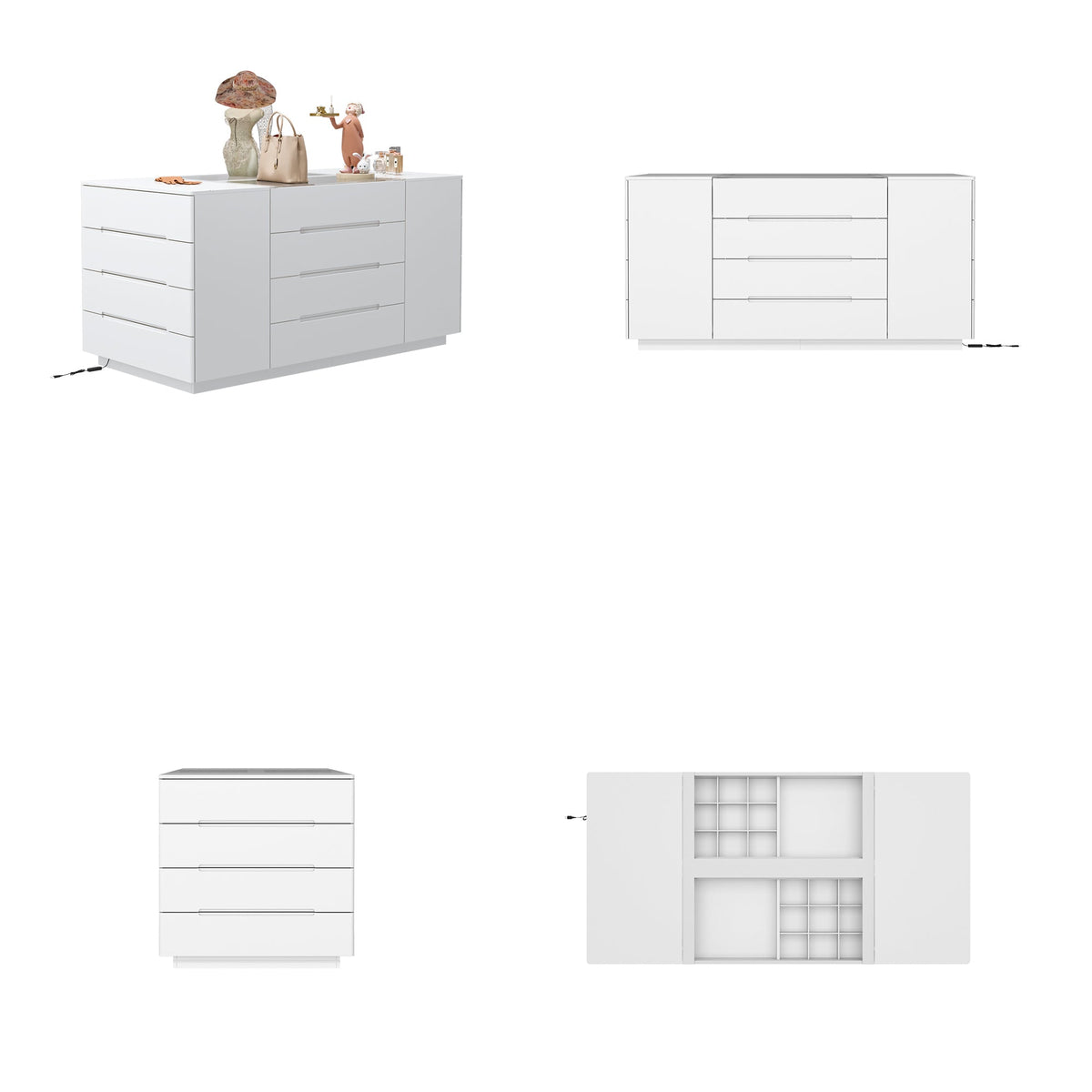 Set of white kitchen cabinets with different configurations on a white background