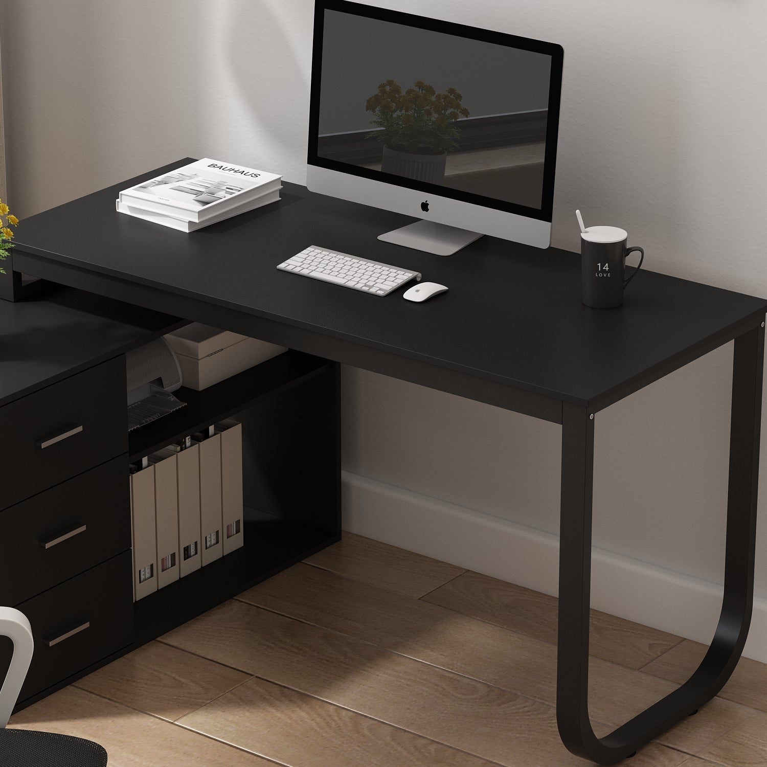 Home Office Computer Desk Corner Desk with 3 Drawers and 2 Shelves, 55 Inch Large L-Shaped Study Writing Table with Storage Cabinet