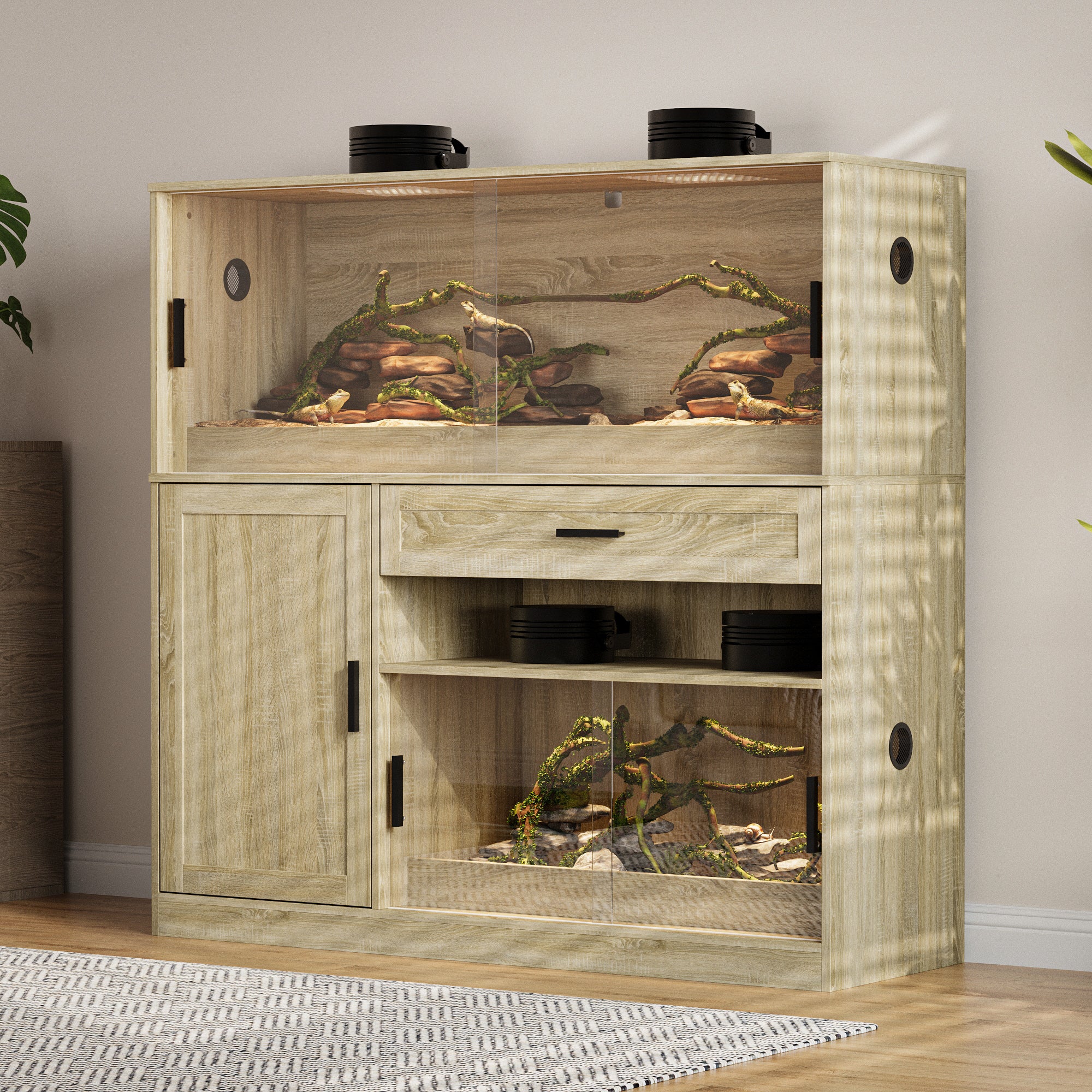 Dual-Zone Reptile Terrarium With Tempered Glass & Storage Cabinet
