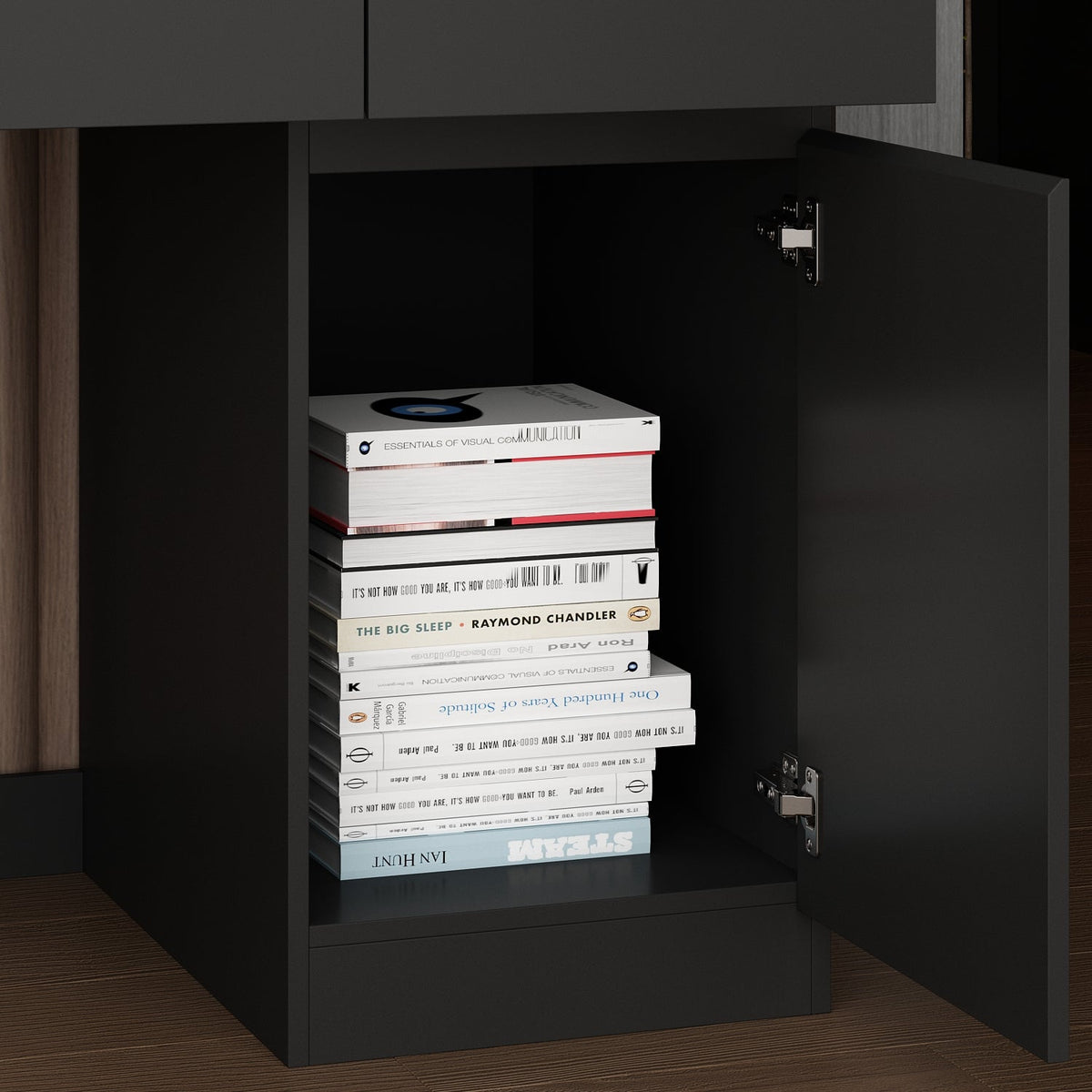 90.6" Transitional Black Computer Desk With Light And Glass Hinged Doors