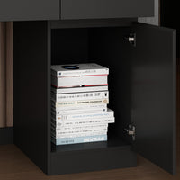 90.6" Transitional Black Computer Desk With Light And Glass Hinged Doors