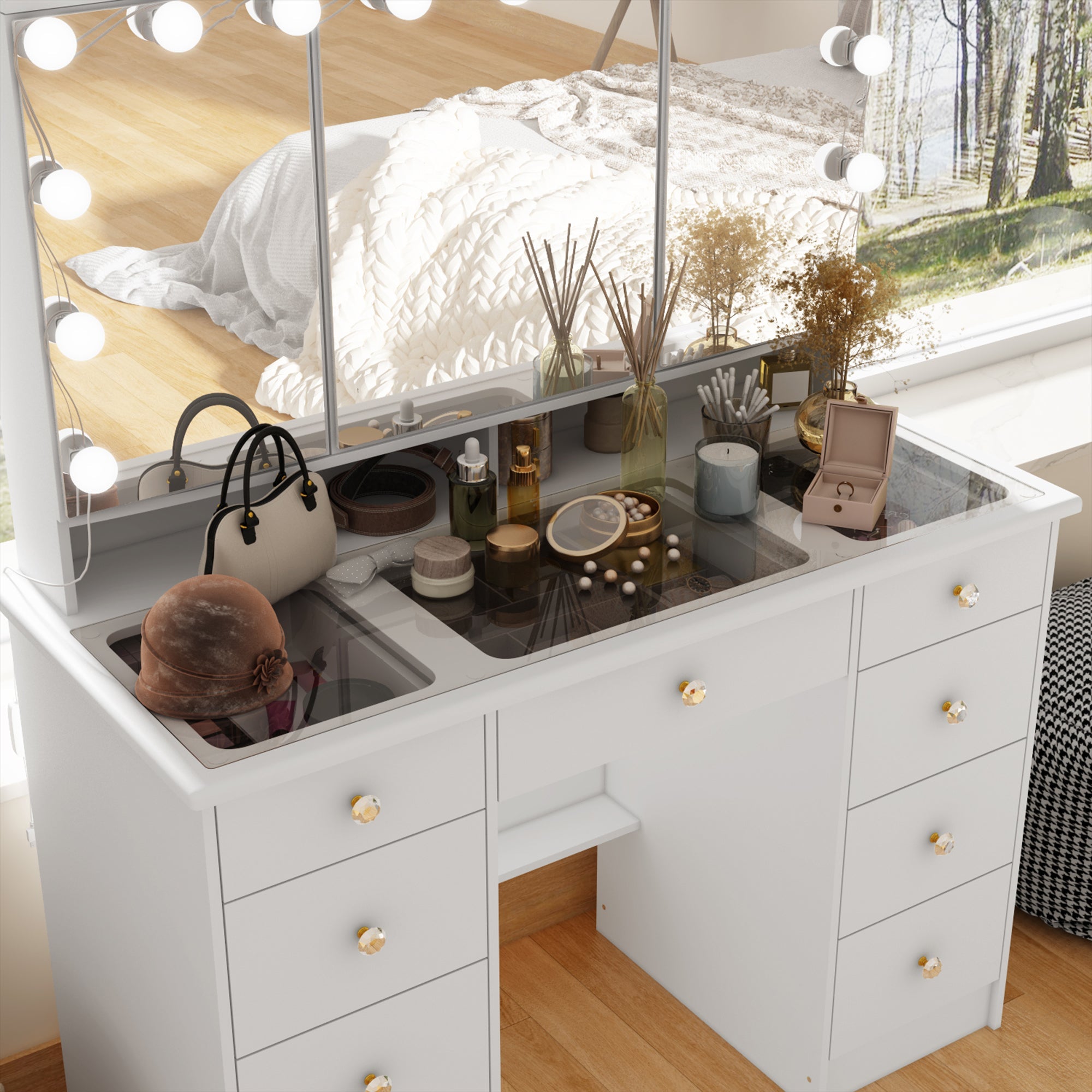Home Makeup Dressing Table  With A Transparent Tempered Glass Countertop