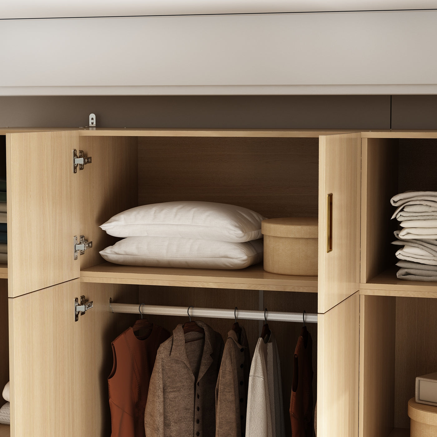 63" Beige Wood‑Grain 8‑Door Armoire Wardrobe with Top Cabinet, Hanging Rod and 2 Bottom Storage Drawers
