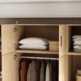 63 inches Beige Wood‑Grain 8‑Door Armoire Wardrobe with Top Cabinet, Hanging Rod and 2 Bottom Storage Drawers