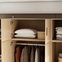63" Beige Wood‑Grain 8‑Door Armoire Wardrobe with Top Cabinet, Hanging Rod and 2 Bottom Storage Drawers