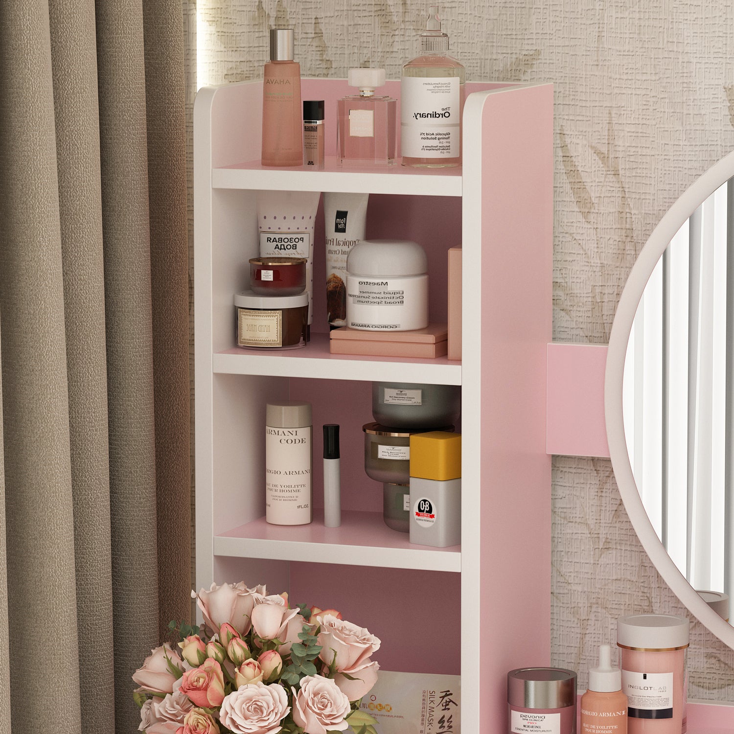 Makeup Vanity Set with Cushioned Stool, 5 Drawers & Display Shelves