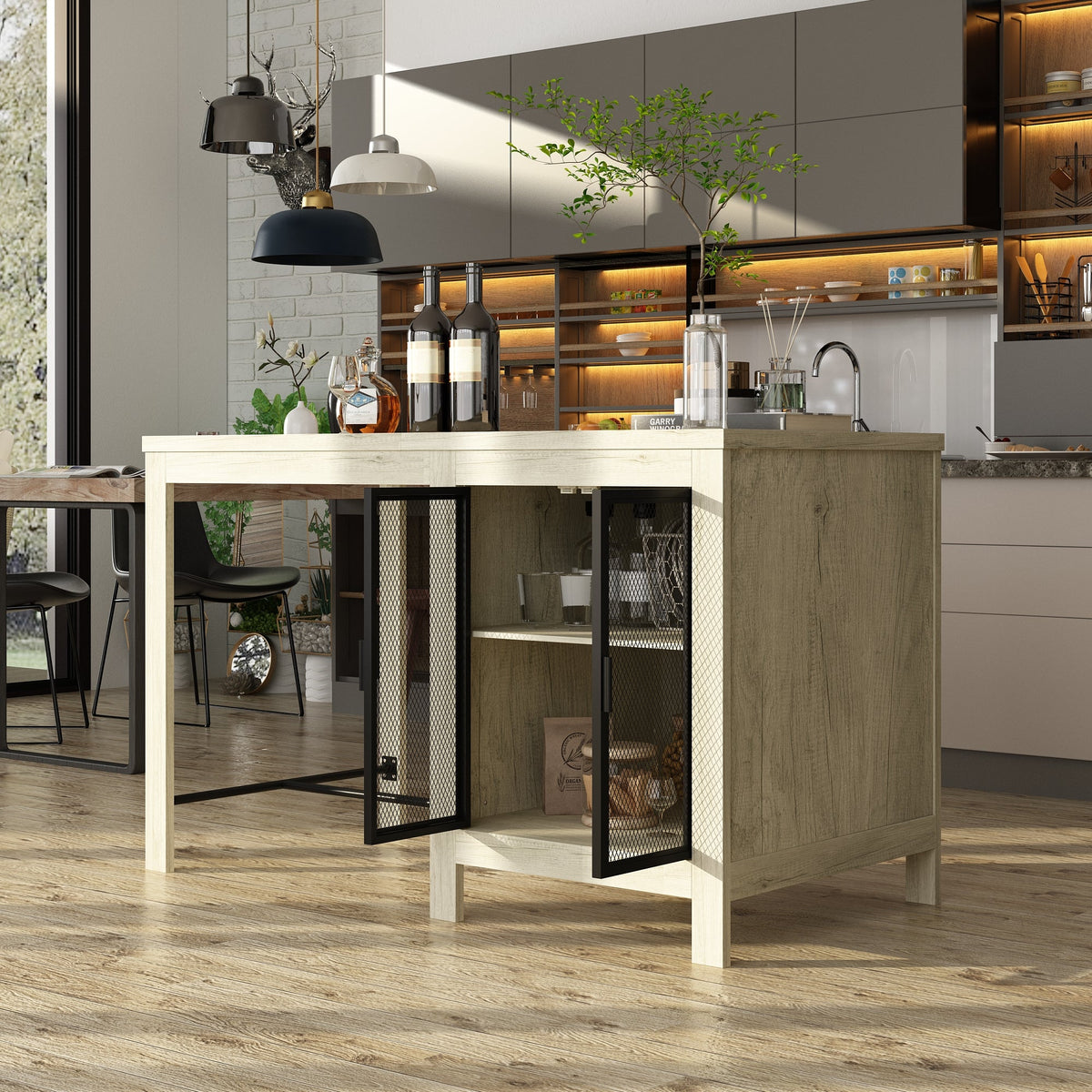 63" Industrial Natural Kitchen Island With Black Glass Door Storage Cabinets