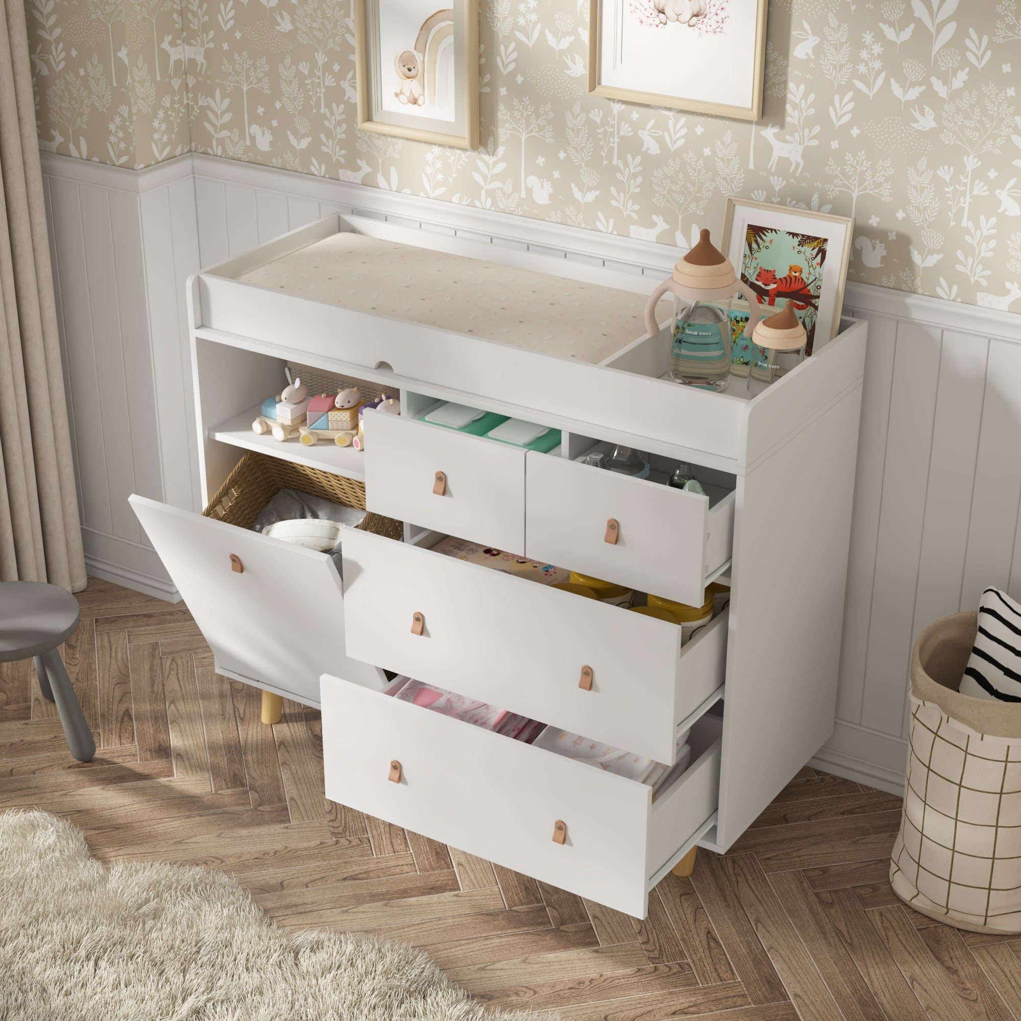 Baby Change Table Dresser Nursery Table Dresser 5 Drawers with Open Storage