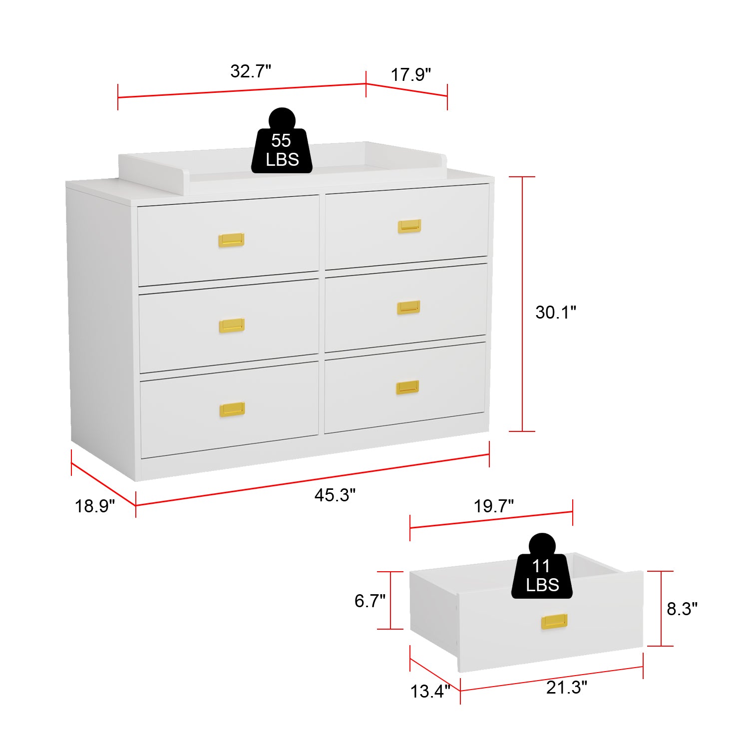 Changing Table Nursery Dresser Nontoxic Sideboard in White Finish with 6 Drawers