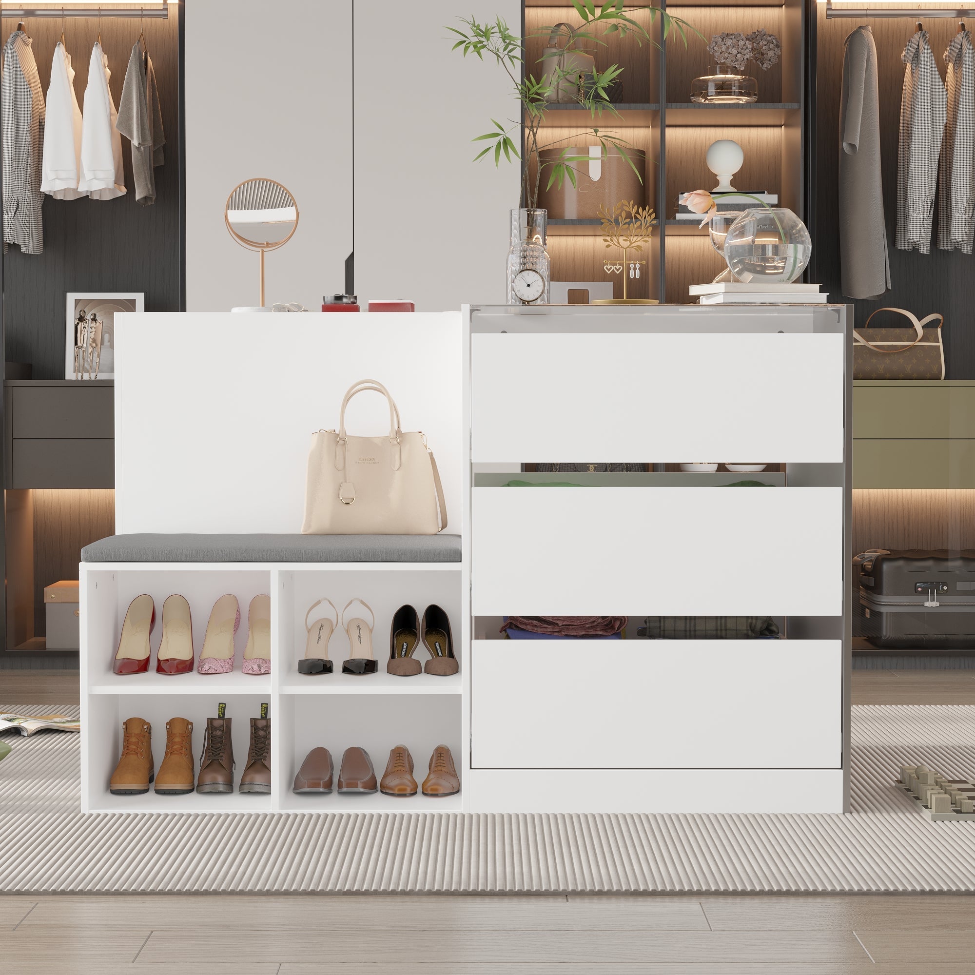 47.2 inches Modern White 4-Shelf Chest With Top And Comfortable Bench