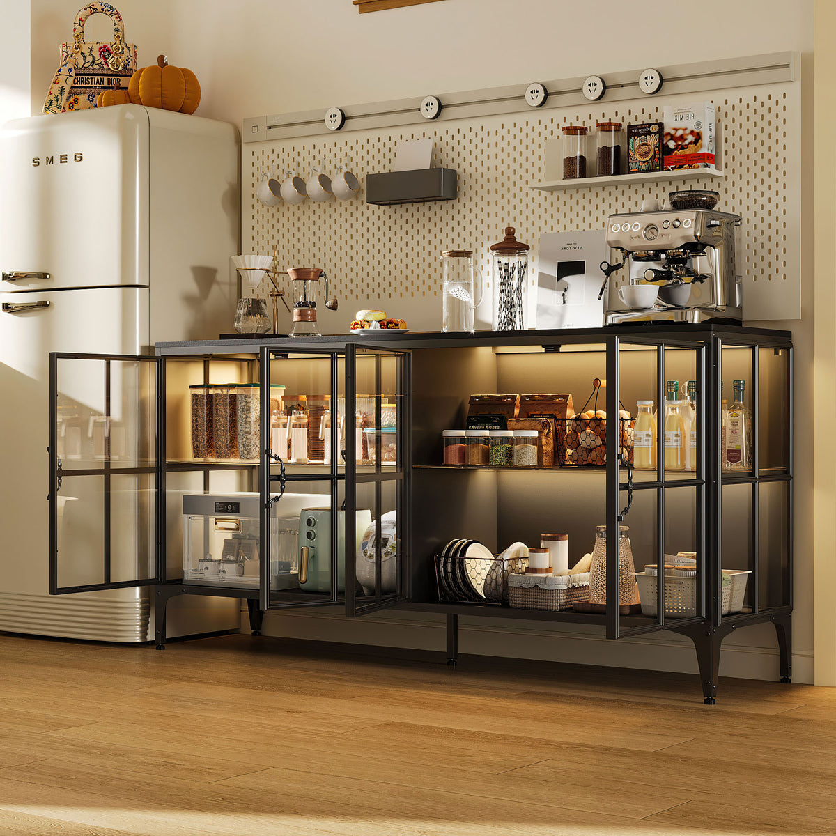 Modern kitchen with a coffee station featuring appliances and shelves.