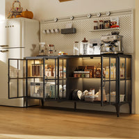 Modern kitchen with a coffee station featuring appliances and shelves.