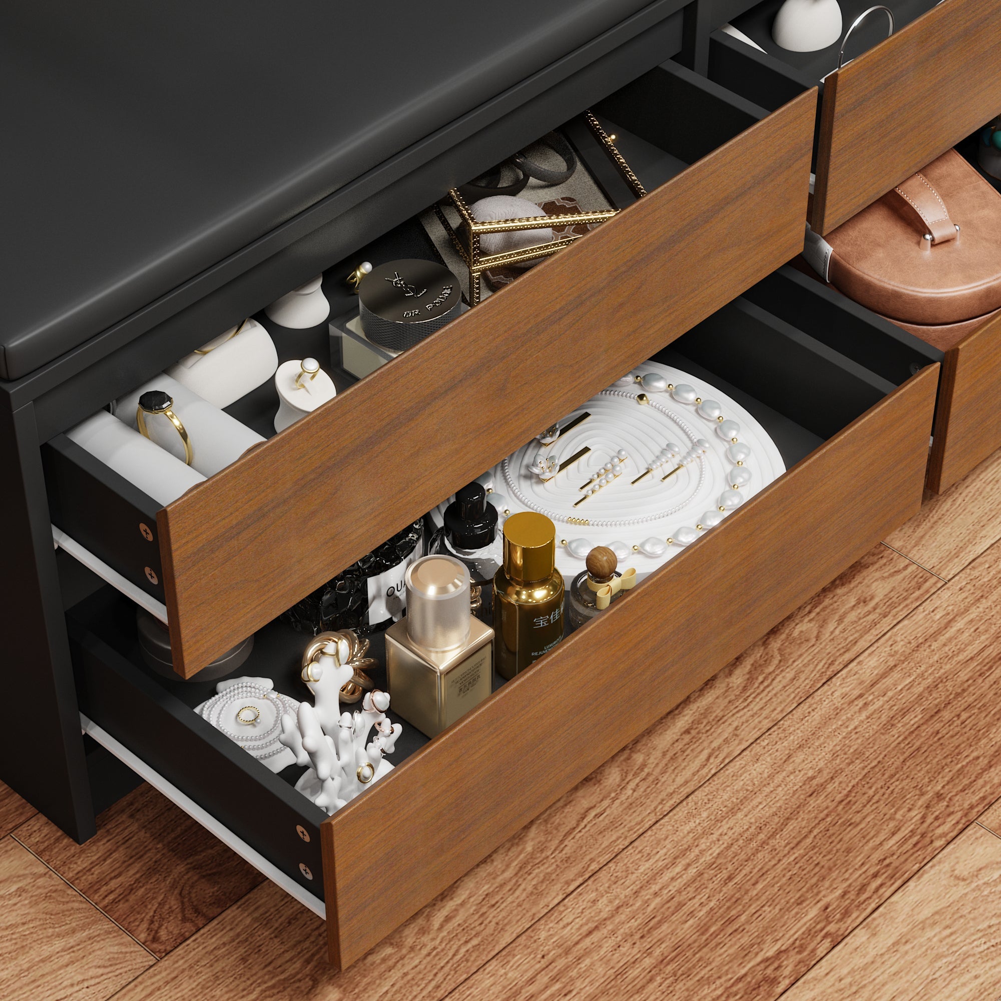 4 Glass Doors And 4 Drawers Closet System With Shoe Storage Bench