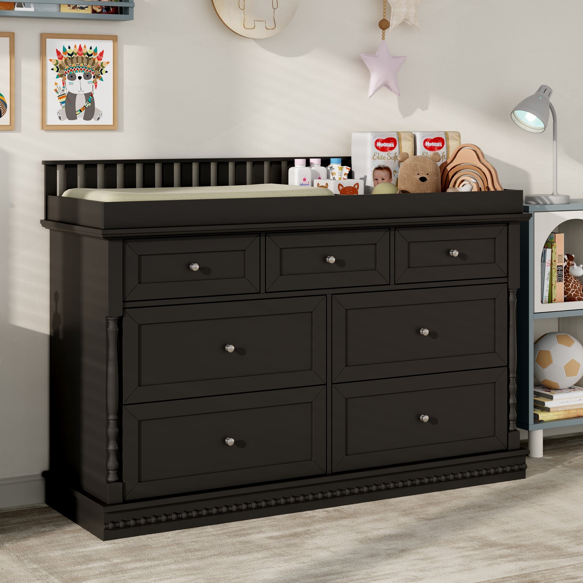 Chest Nursery Dresser Changing Table Top – 7-Drawer Baby Storage Organizer for Diapers and Clothes