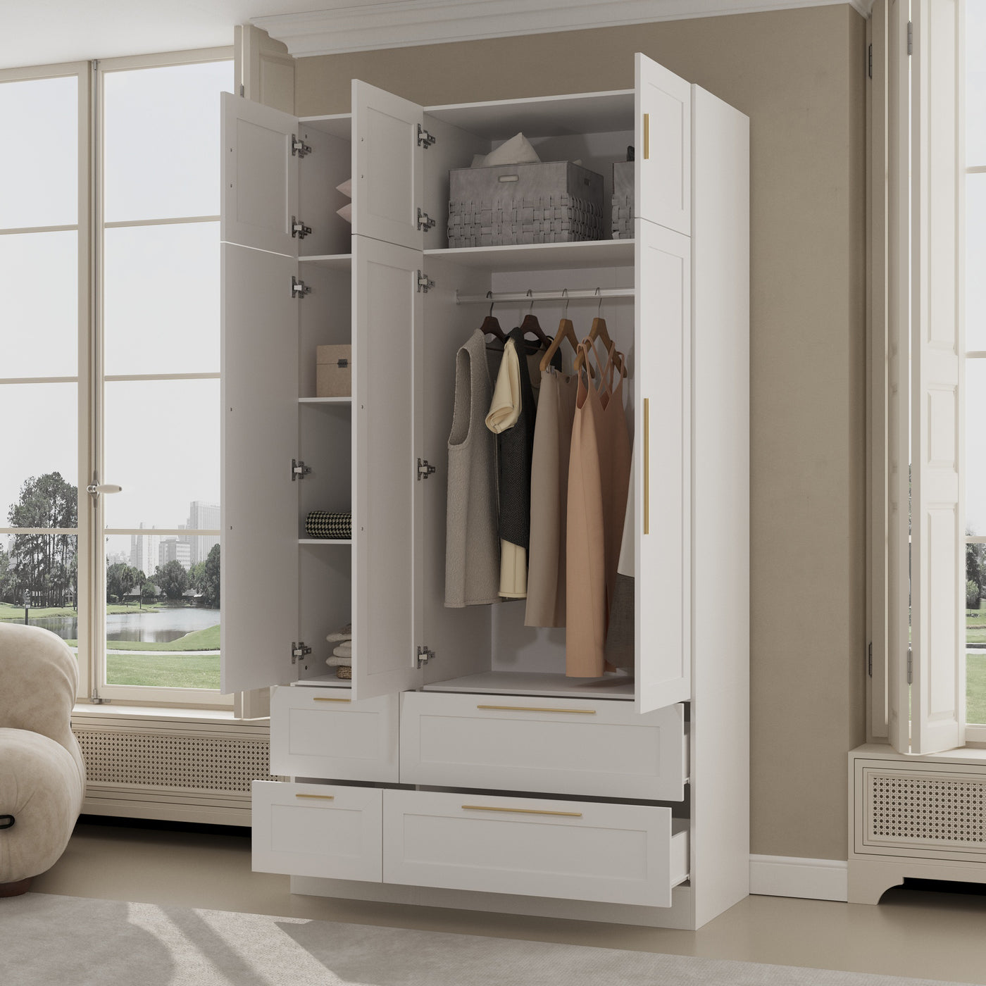 White armoire with mirror door, top cabinets, and lower drawers