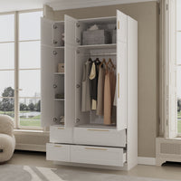 White armoire with mirror door, top cabinets, and lower drawers