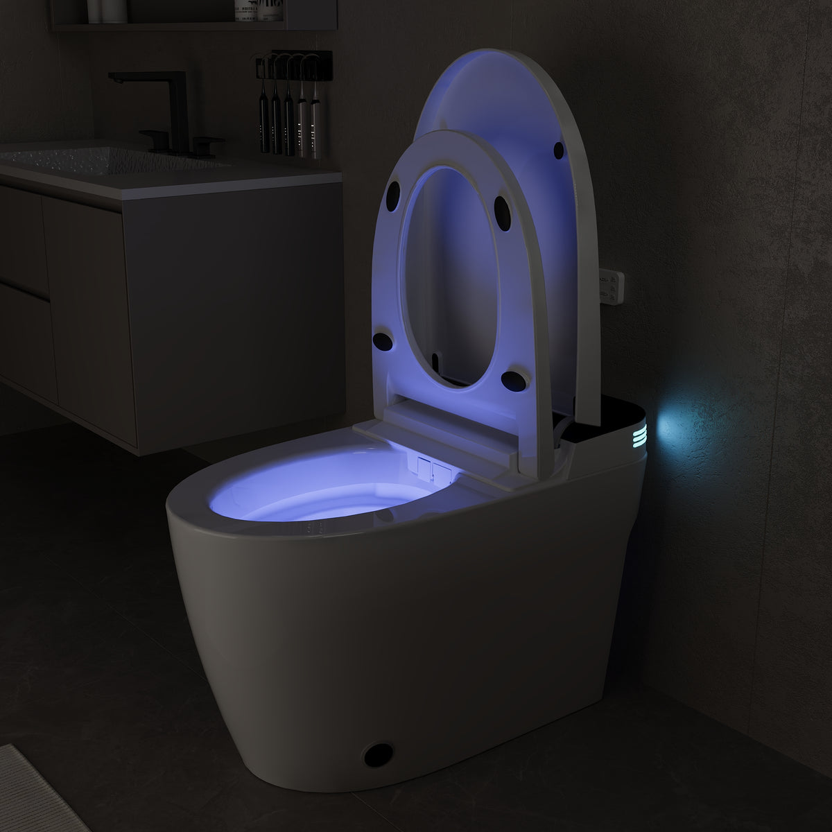 White smart toilet with open lid, built-in bidet, and ambient night light