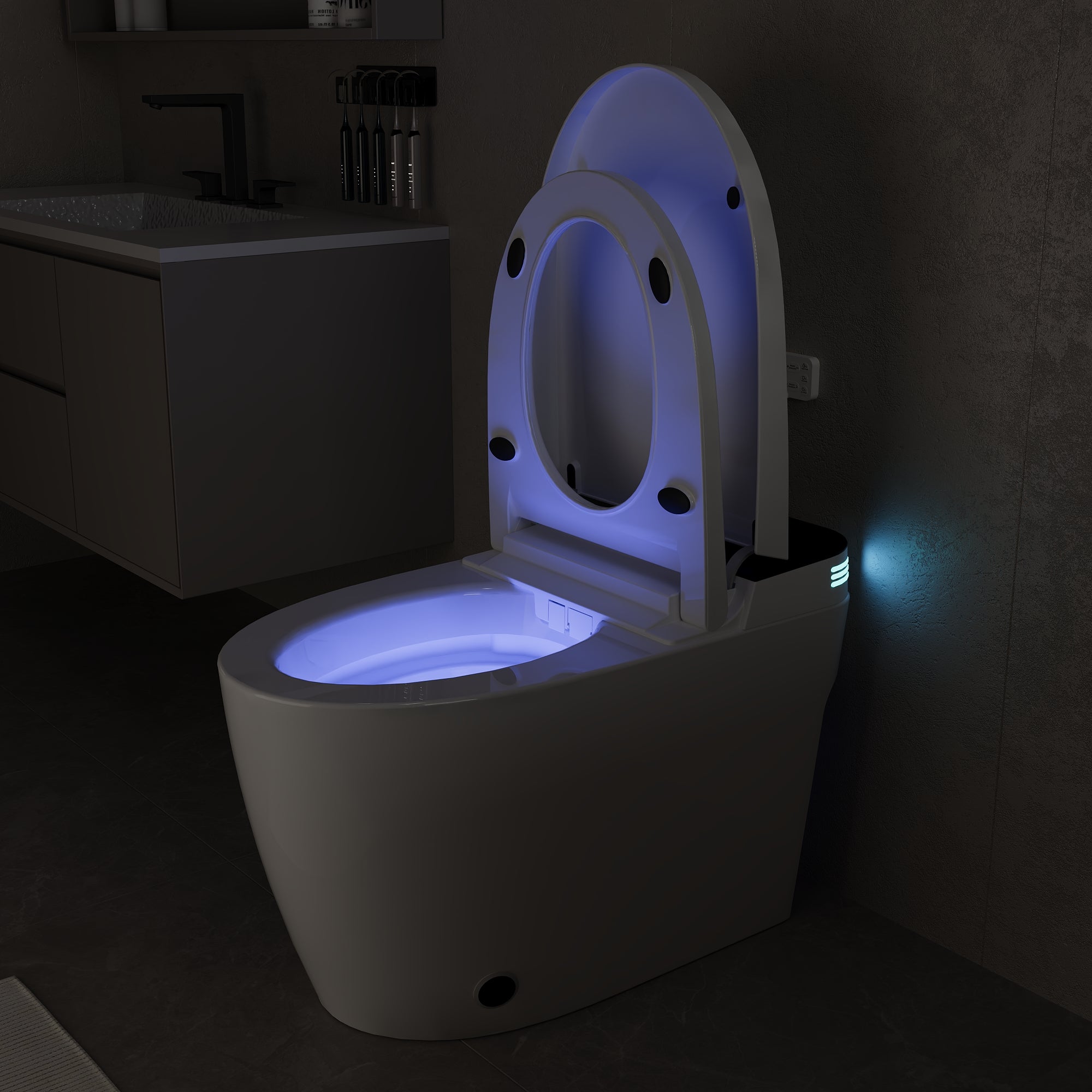 White smart toilet with open lid, built-in bidet, and ambient night light