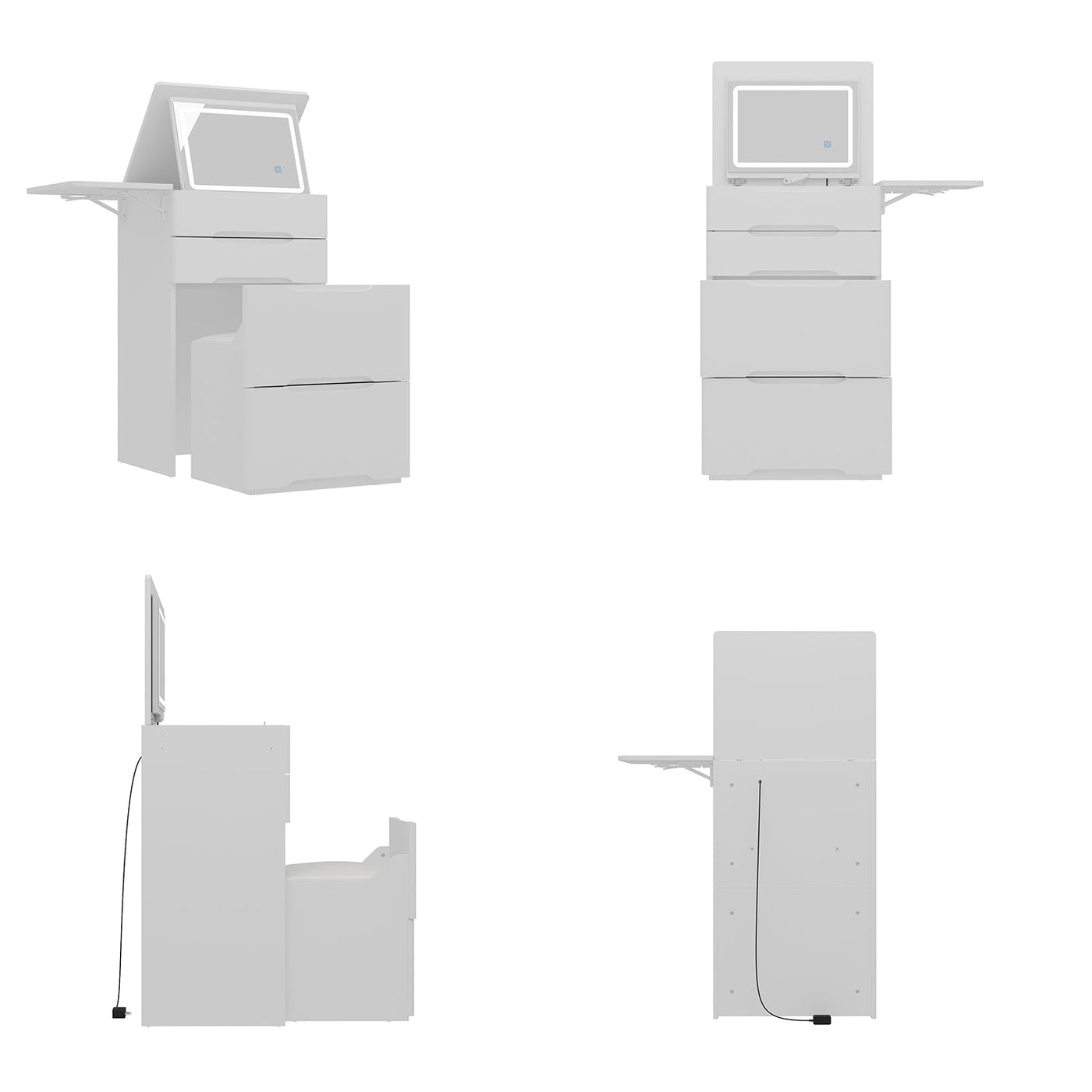19.8" Modern White Makeup Vanity Table With Flip Top Desktop, LED Lighted, Storage Makeup Stool, Side Shelves