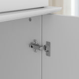 Close-up of a cabinet door hinge on a white cabinet