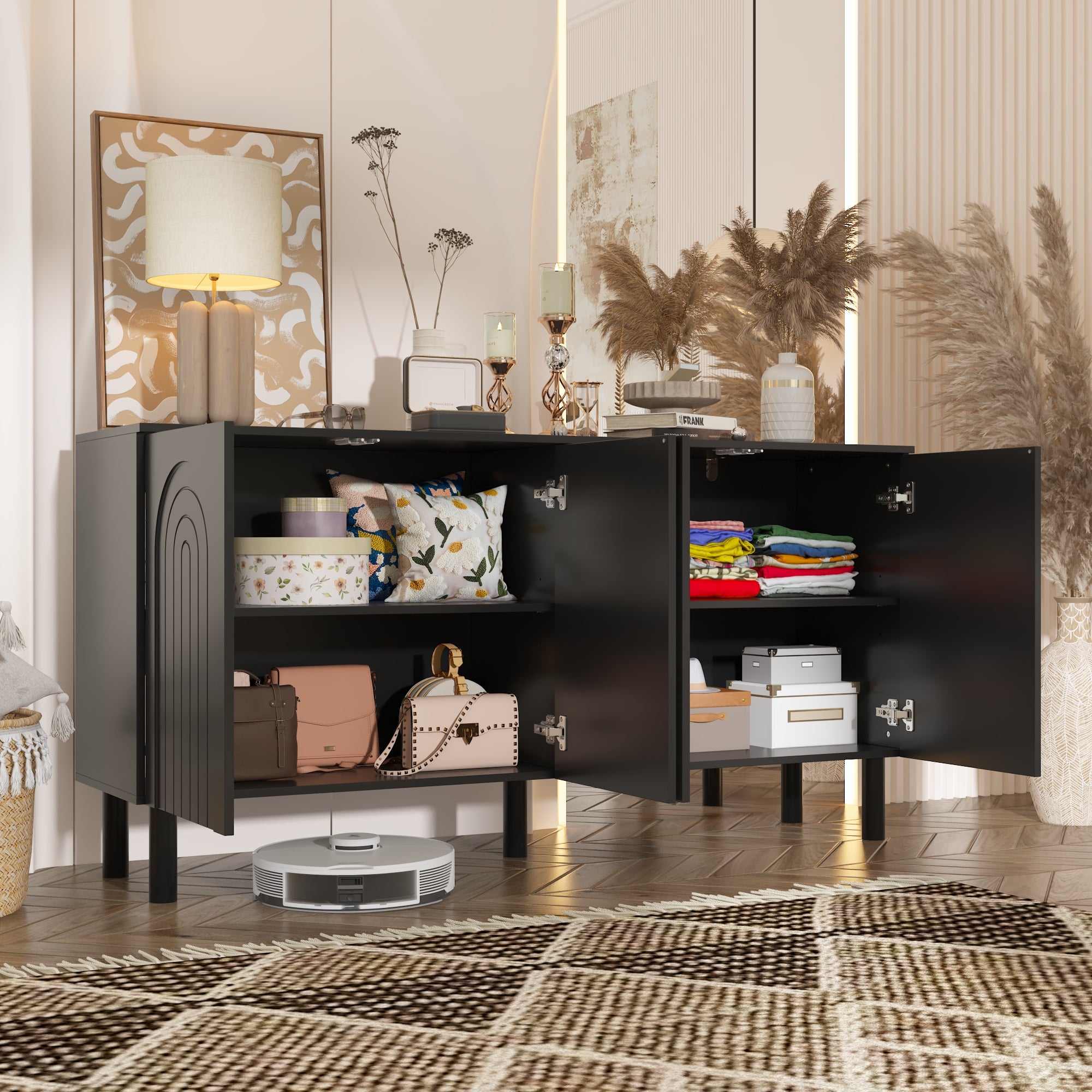 Sideboard Buffet Table Console Table in White Finish 4 U-Shaped Doors