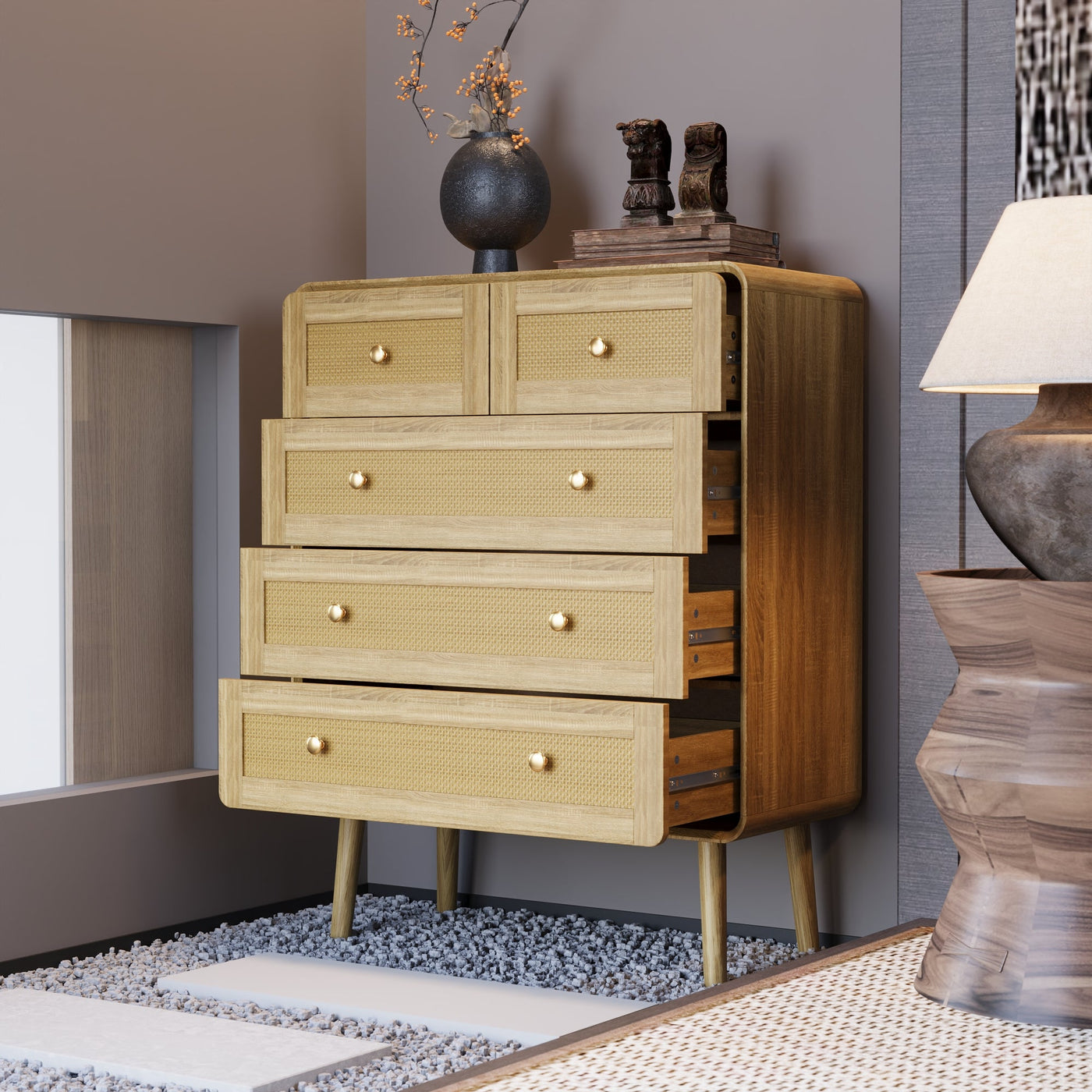 31.5" Modern Natural Vertical 5 Rattan Chest of Drawer