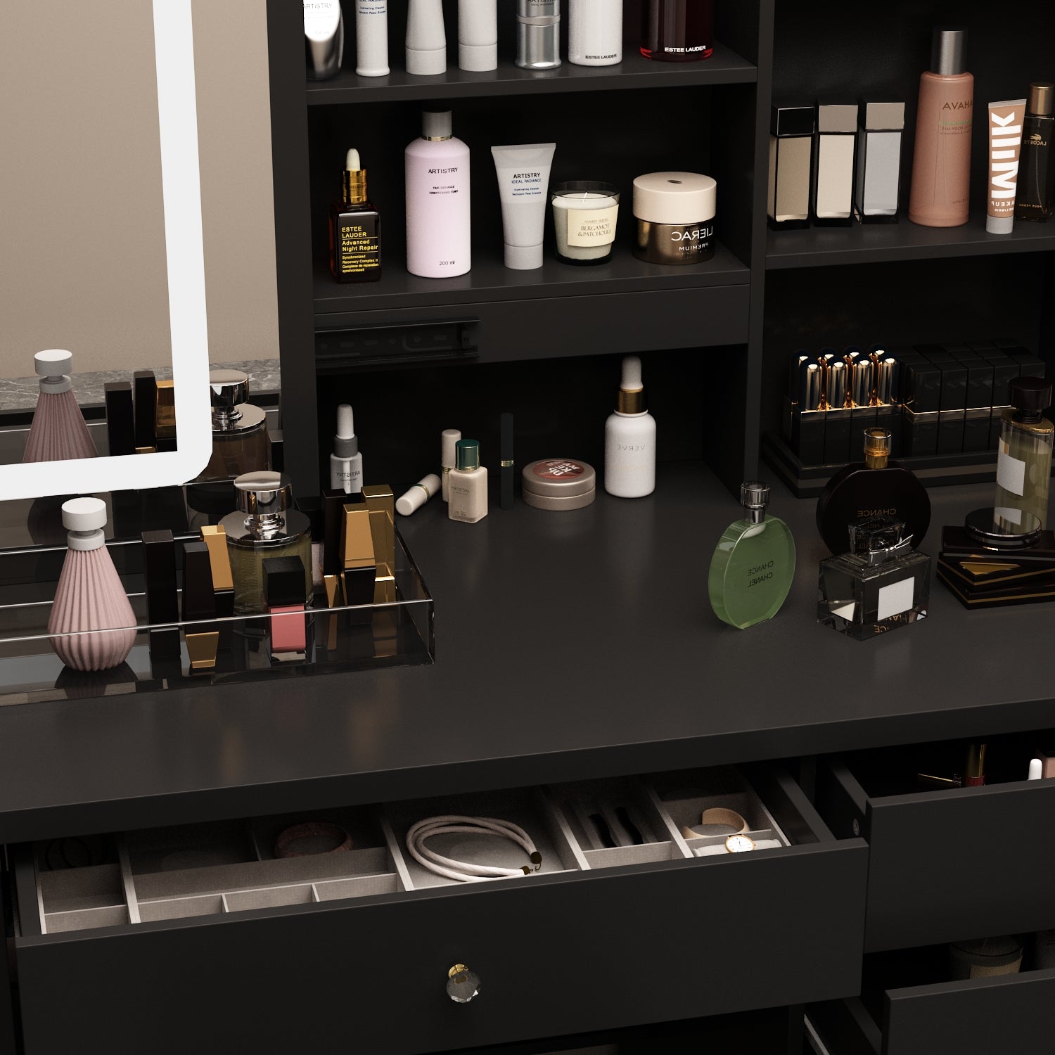 Makeup Vanity Set with Sliding Lighted Mirror, Cushioned Stool, 5 Drawers & Shelves